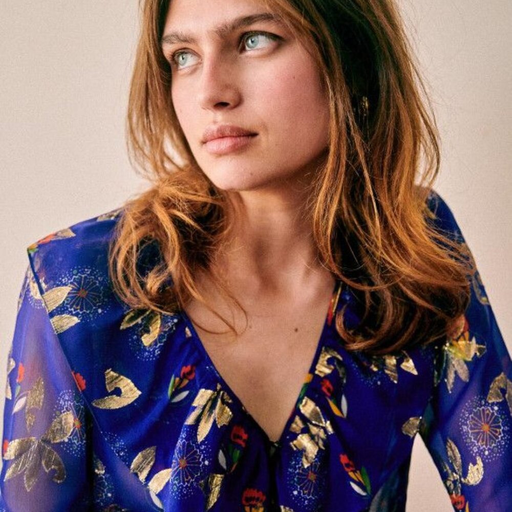 Sezane Priscille silk floral, ruffle blouse - Size 10